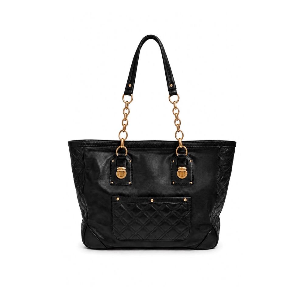 Marc Jacobs Y2K Black Quilted Leather Chain Tote Bag Gold Push Lock Hardware EUC